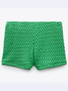 ZARA Honeycomb Woven Textured High Rise Stretchy Pull On Micro Mini Shorts Green